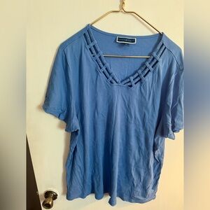 Karen Scott Women's Short Sleeve Top in Blue with Lattice Neckline